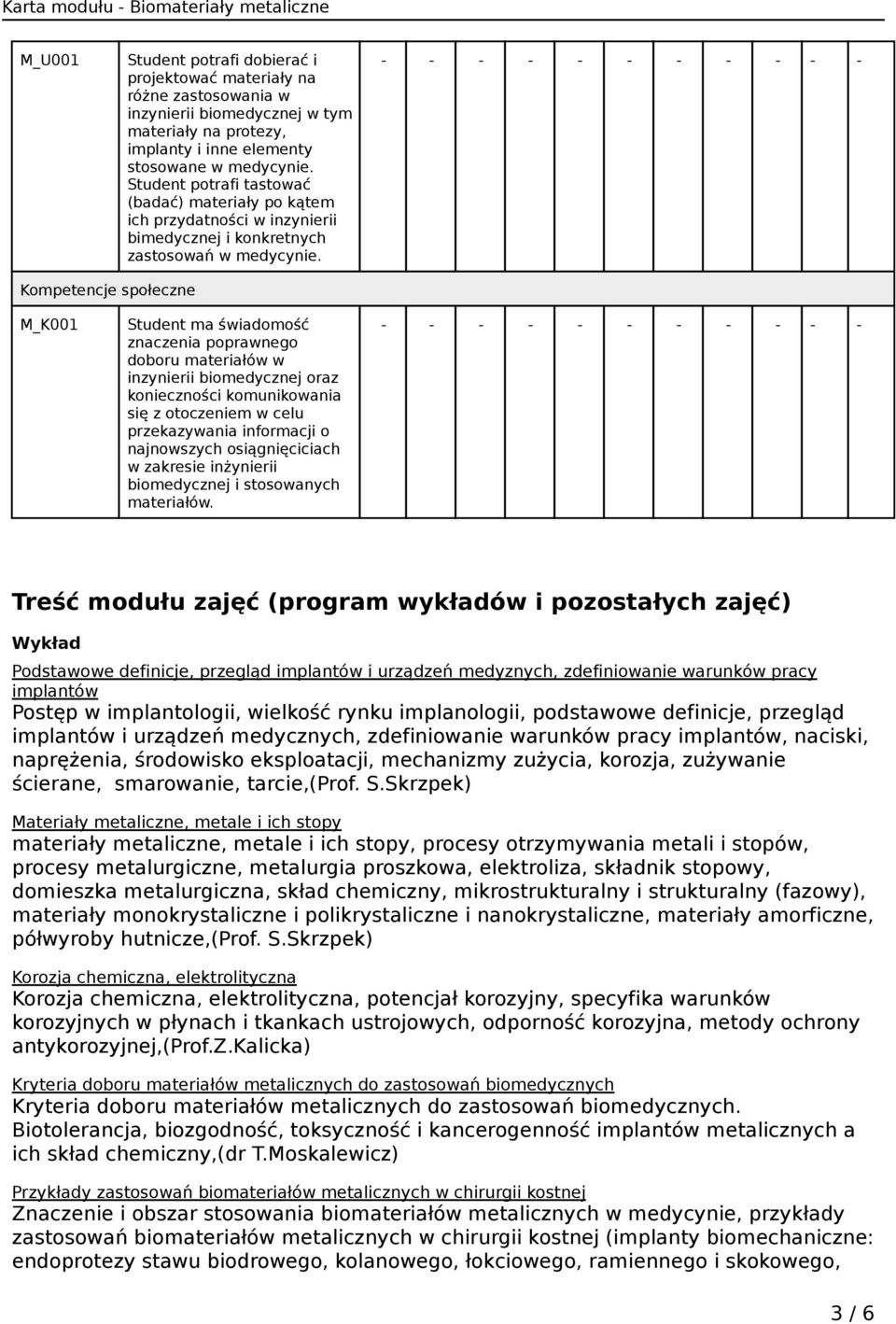 Kompetencje społeczne M_K001 Student ma świadomość znaczenia poprawnego doboru materiałów w inzynierii biomedycznej oraz konieczności komunikowania się z otoczeniem w celu przekazywania informacji o