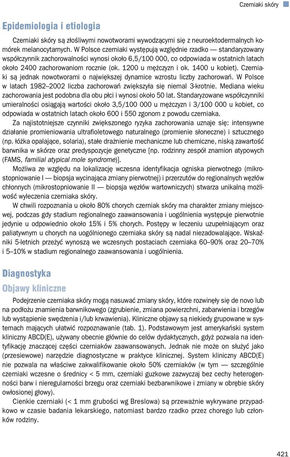 1200 u mężczyzn i ok. 1400 u kobiet). Czerniaki są jednak nowotworami o największej dynamice wzrostu liczby zachorowań. W Polsce w latach 1982 2002 liczba zachorowań zwiększyła się niemal 3-krotnie.