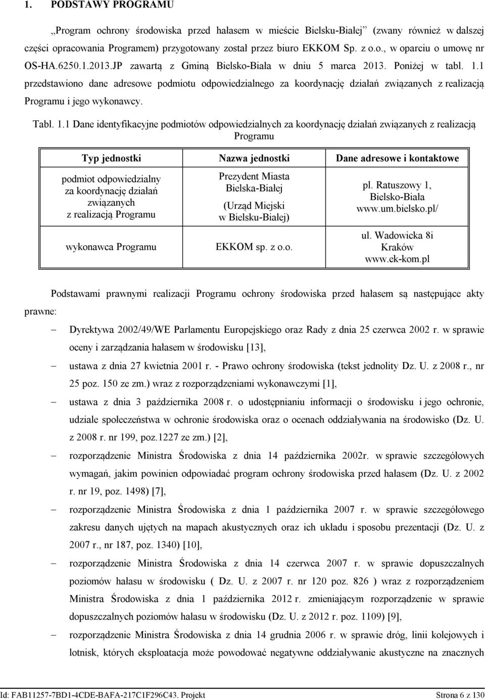 1 przedstawiono dane adresowe podmiotu odpowiedzialnego za koordynację działań związanych z realizacją Programu i jego wykonawcy. Tabl. 1.