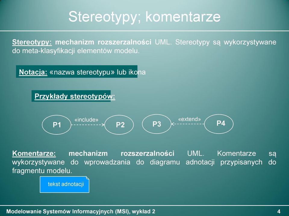Notacja: «nazwa stereotypu» lub ikona Przykłady stereotypów: P1 «include» P2 P3 «extend» P4