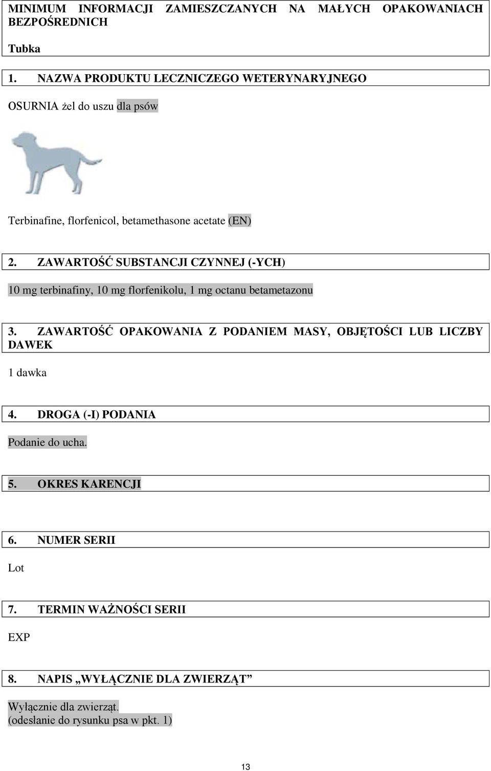ZAWARTOŚĆ SUBSTANCJI CZYNNEJ (-YCH) 10 mg terbinafiny, 10 mg florfenikolu, 1 mg octanu betametazonu 3.