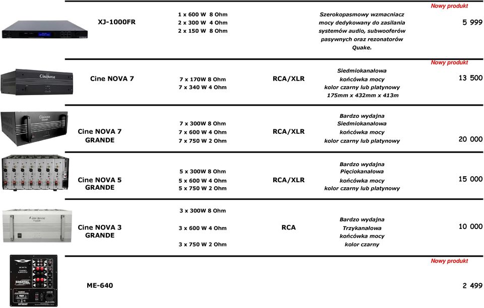 5 GRANDE 7 x 600 W 4 Ohm Siedmiokanałowa RCA/XLR końcówka mocy 7 x 750 W 2 Ohm kolor czarny lub platynowy 5 x Bardzo wydajna Pięciokanałowa 5 x 600 W 4 Ohm RCA/XLR 5 x 750 W 2