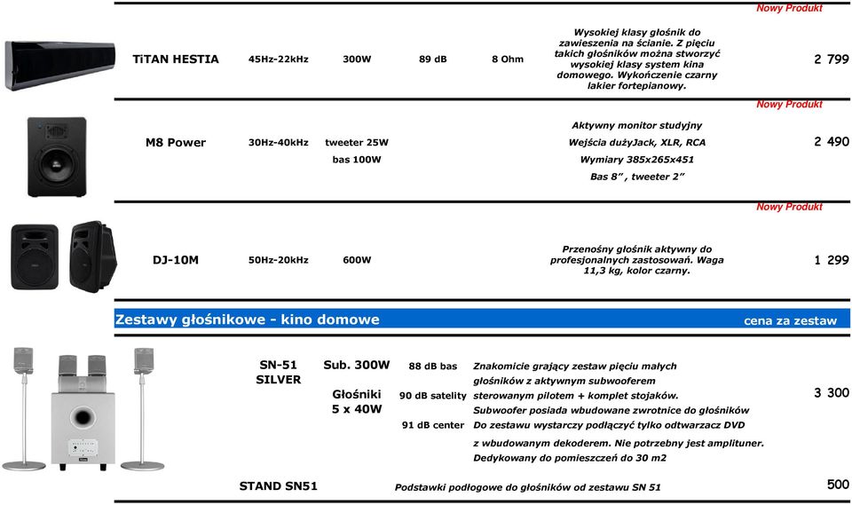 profesjonalnych zastosowań. Waga 11,3 kg, kolor czarny. 600W Zestawy głośnikowe - kino domowe SN-51 SILVER Sub.