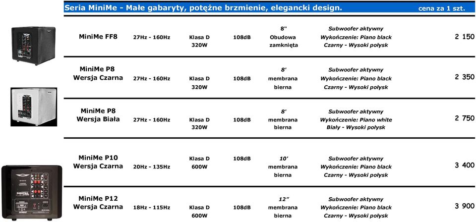 MiniMe P10 Wersja Czarna MiniMe P12 Wersja Czarna Klasa D 20Hz - 135Hz 18Hz - 115Hz 108dB 600W Klasa D 600W 108dB 8" Obudowa Wykończenie: Piano black zamknięta