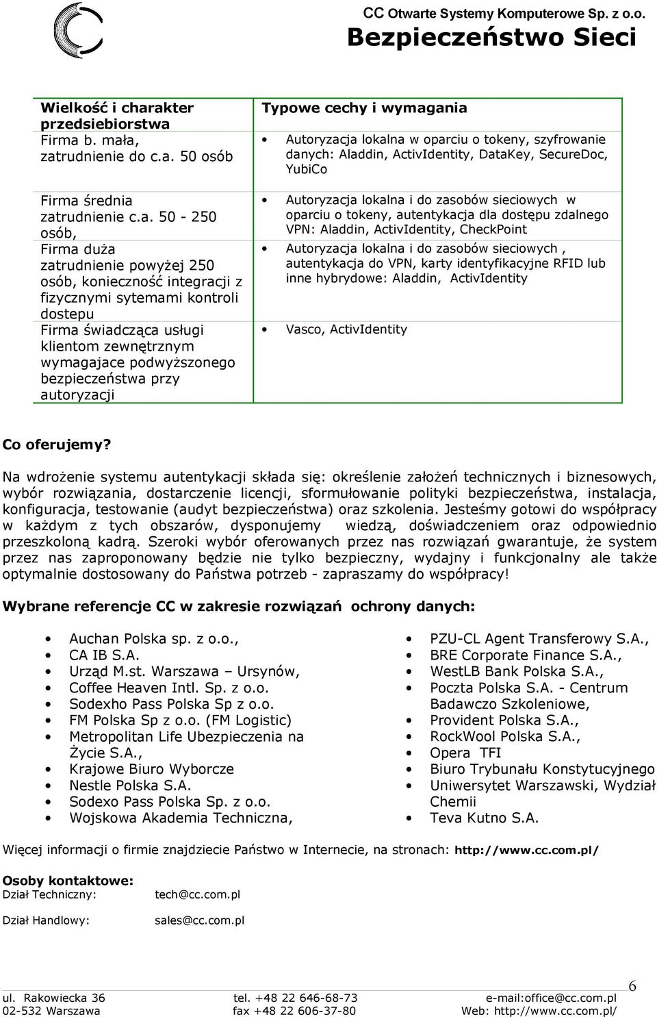 kontroli dostepu Firma świadcząca usługi klientom zewnętrznym wymagajace podwyższonego bezpieczeństwa przy autoryzacji Typowe cechy i wymagania Autoryzacja lokalna w oparciu o tokeny, szyfrowanie