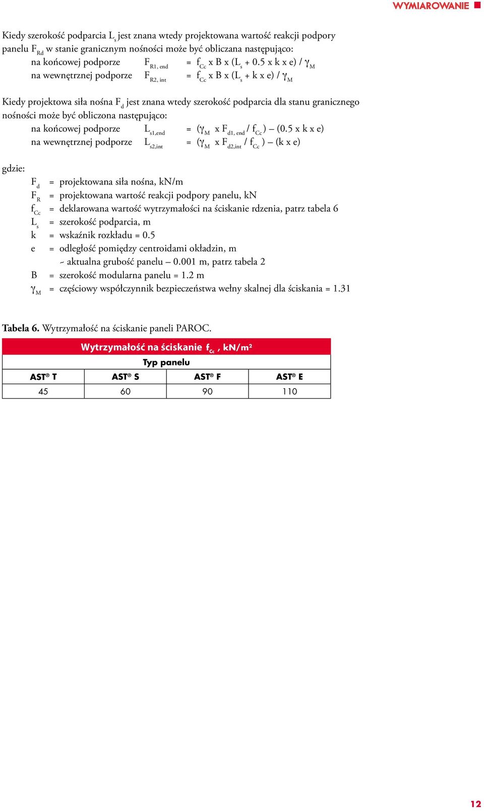 x k x e) / γ M na wewnętrznej podporze F R, int = f Cc x B x (L s + k x e) / γ M Kiedy projektowa siła nośna F d jest znana wtedy szerokość podparcia dla stanu granicznego nośności może być obliczona