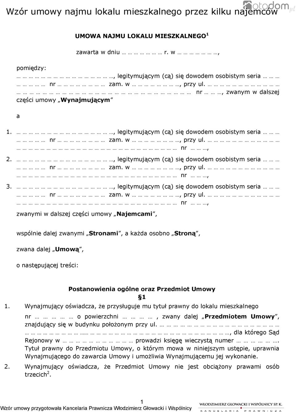 Wzór umowy najmu lokalu mieszkalnego przez kilku najemców - PDF Darmowe  pobieranie