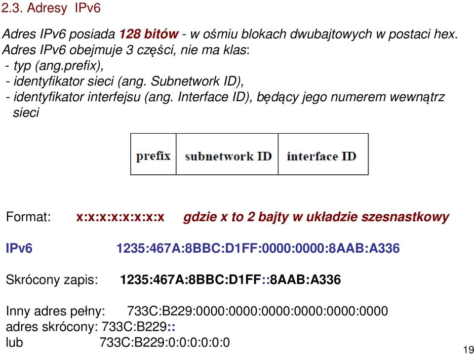 Interface ID), będący jego numerem wewnątrz sieci Format: x:x:x:x:x:x:x:x gdzie x to 2 bajty w układzie szesnastkowy IPv6