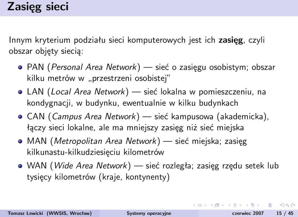 kampusowa (akademicka), łączy sieci lokalne, ale ma mniejszy zasięg niż sieć miejska MAN (Metropolitan Area Network) sieć miejska; zasięg kilkunastu-kilkudziesięciu