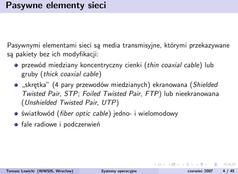 ekranowana (Shielded Twisted Pair, STP; Foiled Twisted Pair, FTP) lub nieekranowana (Unshielded Twisted Pair, UTP) światłowód