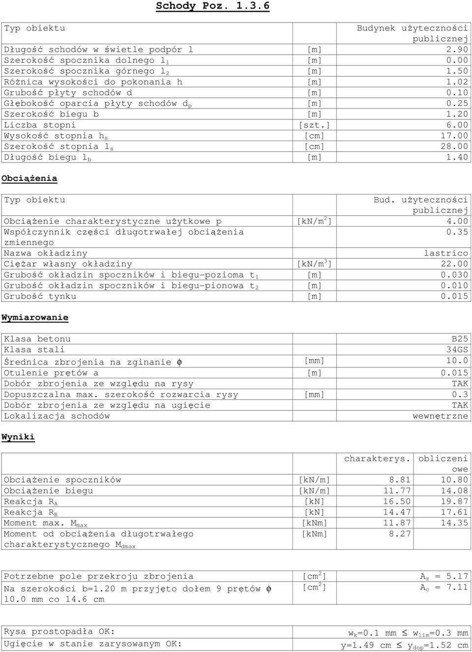 00 Wysokość stopnia h s [cm] 17.00 Szerokość stopnia l s [cm] 28.00 Długość biegu l b [m] 1.40 Obciążenia Bud. użyteczności Obciążenie charakterystyczne użytkowe p [kn/m 2 ] 4.