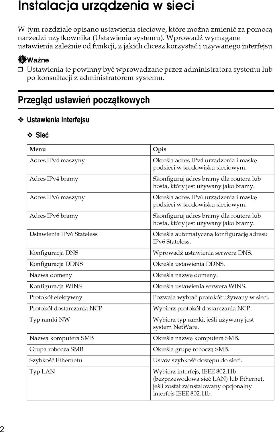 Waåne Ustawienia te powinny byæ wprowadzane przez administratora systemu lub po konsultacji z administratorem systemu.