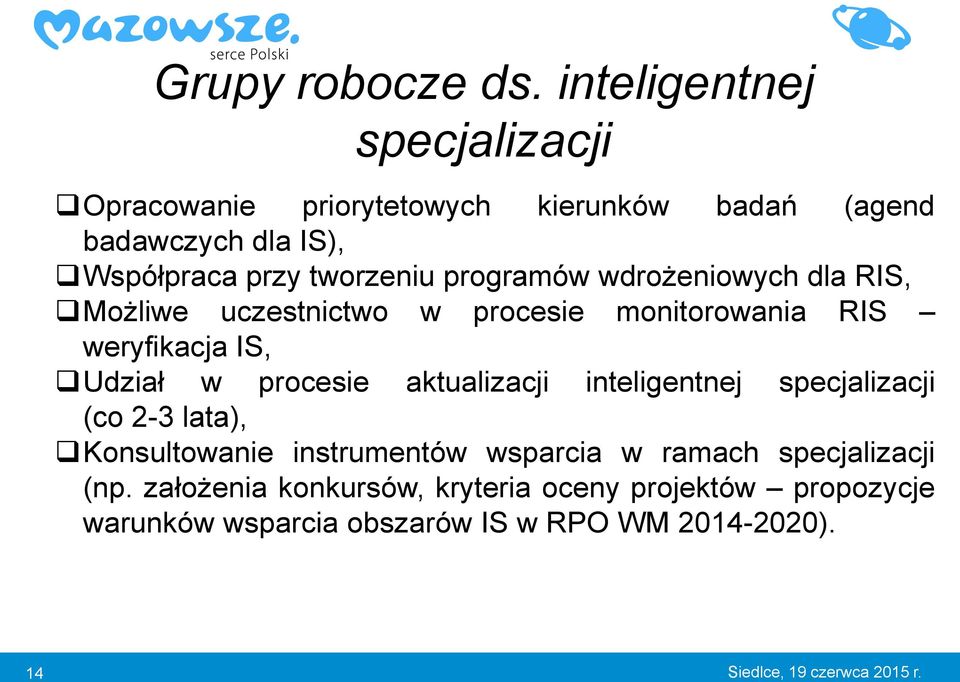 programów wdrożeniowych dla RIS, Możliwe uczestnictwo w procesie monitorowania RIS weryfikacja IS, Udział w procesie aktualizacji