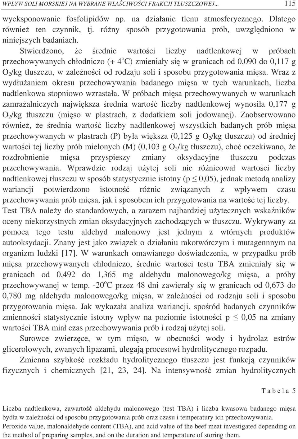 Stwierdzono, e rednie wartoci liczby nadtlenkowej w próbach przechowywanych chłodniczo (+ 4 o C) zmieniały si w granicach od,9 do,7 g O /kg tłuszczu, w zalenoci od rodzaju soli i sposobu