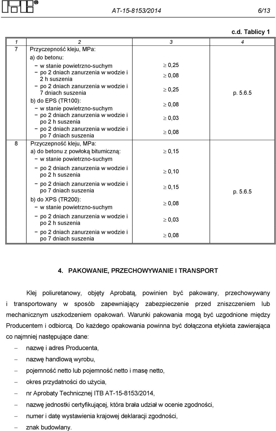 6.5 b) do EPS (TR100): w stanie powietrzno-suchym po 2 dniach zanurzenia w wodzie i po 2 h suszenia 0,03 po 2 dniach zanurzenia w wodzie i po 7 dniach suszenia 8 Przyczepność kleju, MPa: a) do betonu