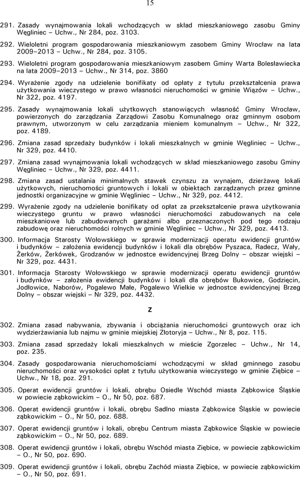 Wieloletni program gospodarowania mieszkaniowym zasobem Gminy Warta Bolesławiecka na lata 2009 2013 Uchw., Nr 314, poz. 3860 294.