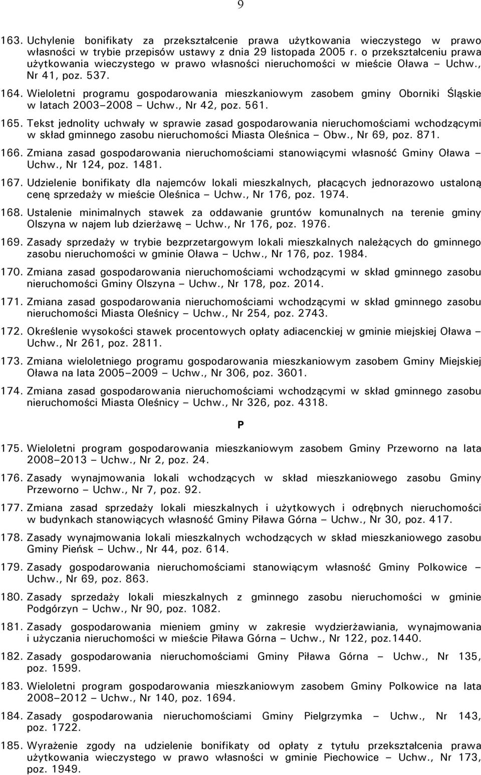 Wieloletni programu gospodarowania mieszkaniowym zasobem gminy Oborniki Śląskie w latach 2003 2008 Uchw., Nr 42, poz. 561. 165.