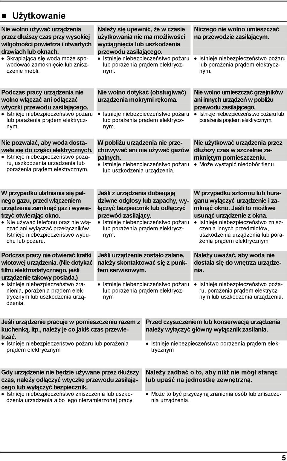 Podczas pracy urządzenia nie wolno włączać ani odłączać wtyczki przewodu zasilającego. Nie wolno dotykać (obsługiwać) urządzenia mokrymi rękoma.