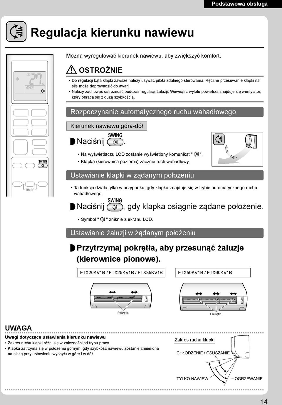 Wewnątrz wylotu powietrza znajduje się wentylator, który obraca się z dużą szybkością. Rozpoczynanie automatycznego ruchu wahadłowego Kierunek nawiewu góra-dół Naciśnij.