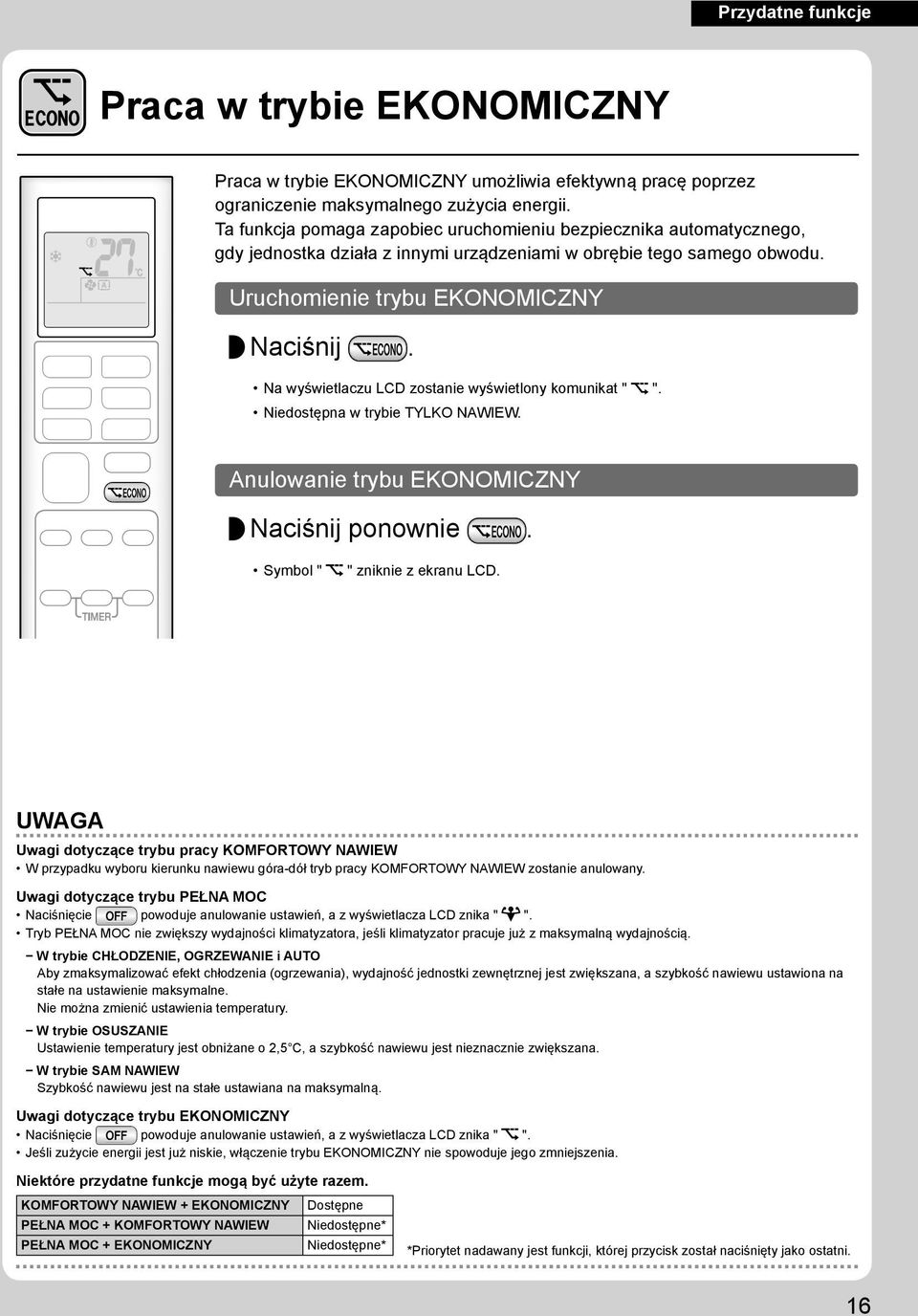 Na wyświetlaczu LCD zostanie wyświetlony komunikat " ". Niedostępna w trybie TYLKO NAWIEW. Anulowanie trybu EKONOMICZNY Naciśnij ponownie. Symbol " " zniknie z ekranu LCD.