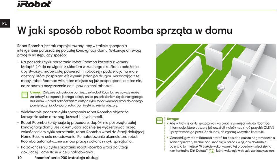 0 do nawigacji z układem wizualnego określania położenia, aby stworzyć mapę całej powierzchni roboczej i podzielić ją na małe obszary, które posprząta efektywnie jeden po drugim.
