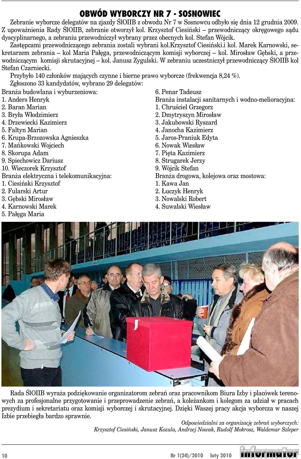 krzysztof Ciesiński.i kol. Marek Karnowski, sekretarzem zebrania kol Maria Pałęga, przewodniczącym komisji wyborczej kol. Mirosław Gębski, a przewodniczącym komisji skrutacyjnej kol. Janusz Zygulski.