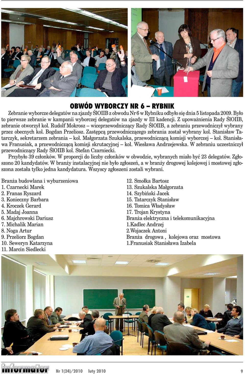 Rudolf Mokrosz wiceprzewodniczący Rady ŚlOIIB, a zebraniu przewodniczył wybrany przez obecnych kol. Bogdan Przeliosz. Zastępcą przewodniczącego zebrania został wybrany kol.