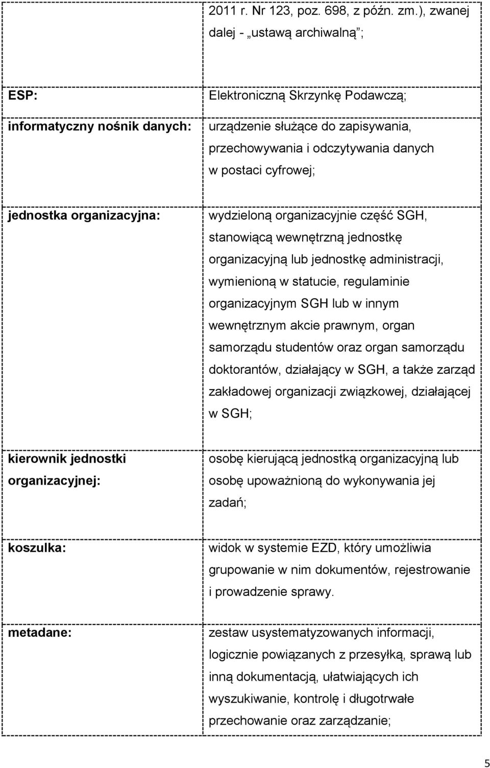 jednostka organizacyjna: wydzieloną organizacyjnie część SGH, stanowiącą wewnętrzną jednostkę organizacyjną lub jednostkę administracji, wymienioną w statucie, regulaminie organizacyjnym SGH lub w