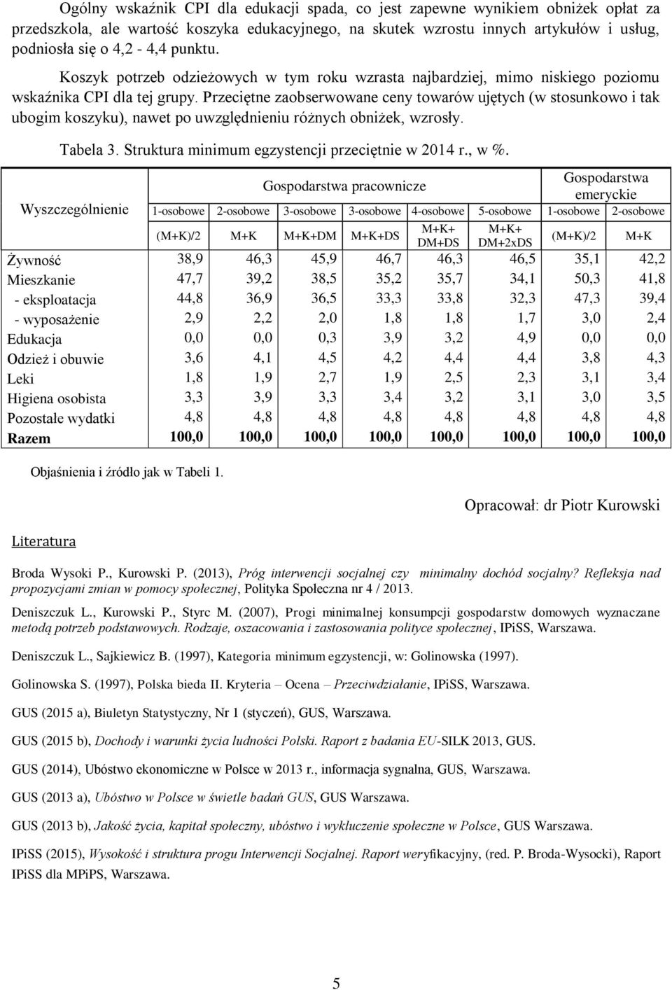 Przeciętne zaobserwowane ceny towarów ujętych (w stosunkowo i tak ubogim koszyku), nawet po uwzględnieniu różnych obniżek, wzrosły. Tabela 3. Struktura minimum egzystencji przeciętnie w 2014 r., w %.