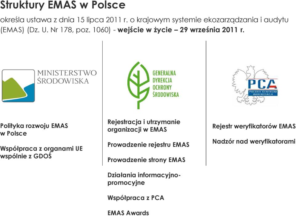Polityka rozwoju EMAS w Polsce Współpraca z organami UE wspólnie z GDOŚ Rejestracja i utrzymanie organizacji w