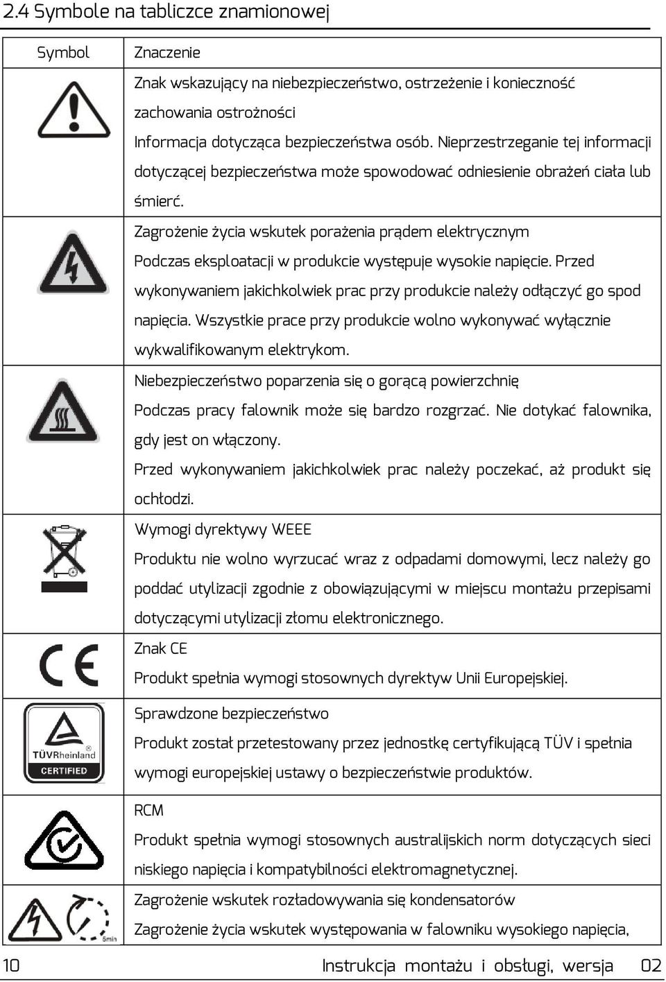 Zagrożenie życia wskutek porażenia prądem elektrycznym Podczas eksploatacji w produkcie występuje wysokie napięcie.