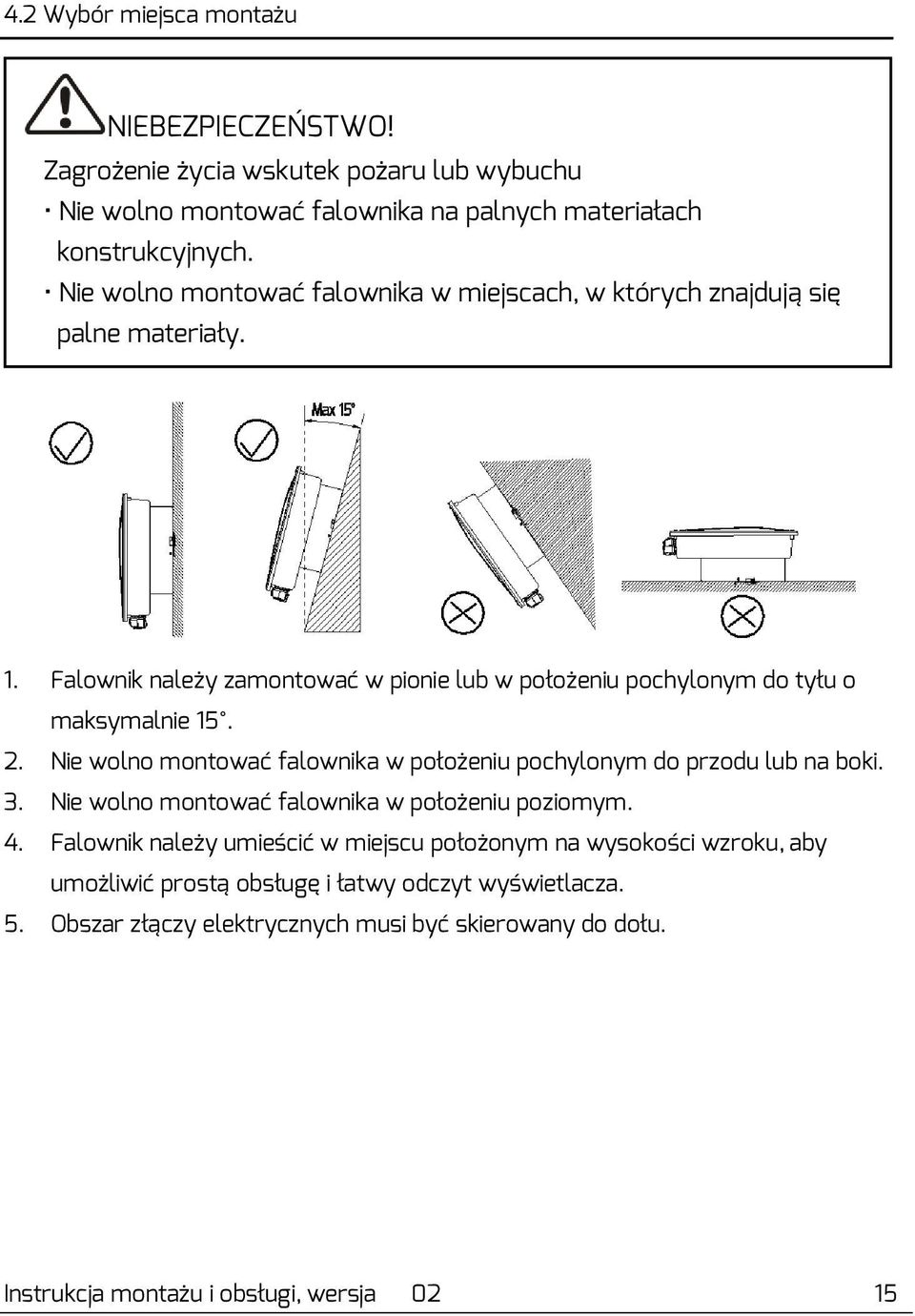 Falownik należy zamontować w pionie lub w położeniu pochylonym do tyłu o maksymalnie 15. 2. Nie wolno montować falownika w położeniu pochylonym do przodu lub na boki. 3.