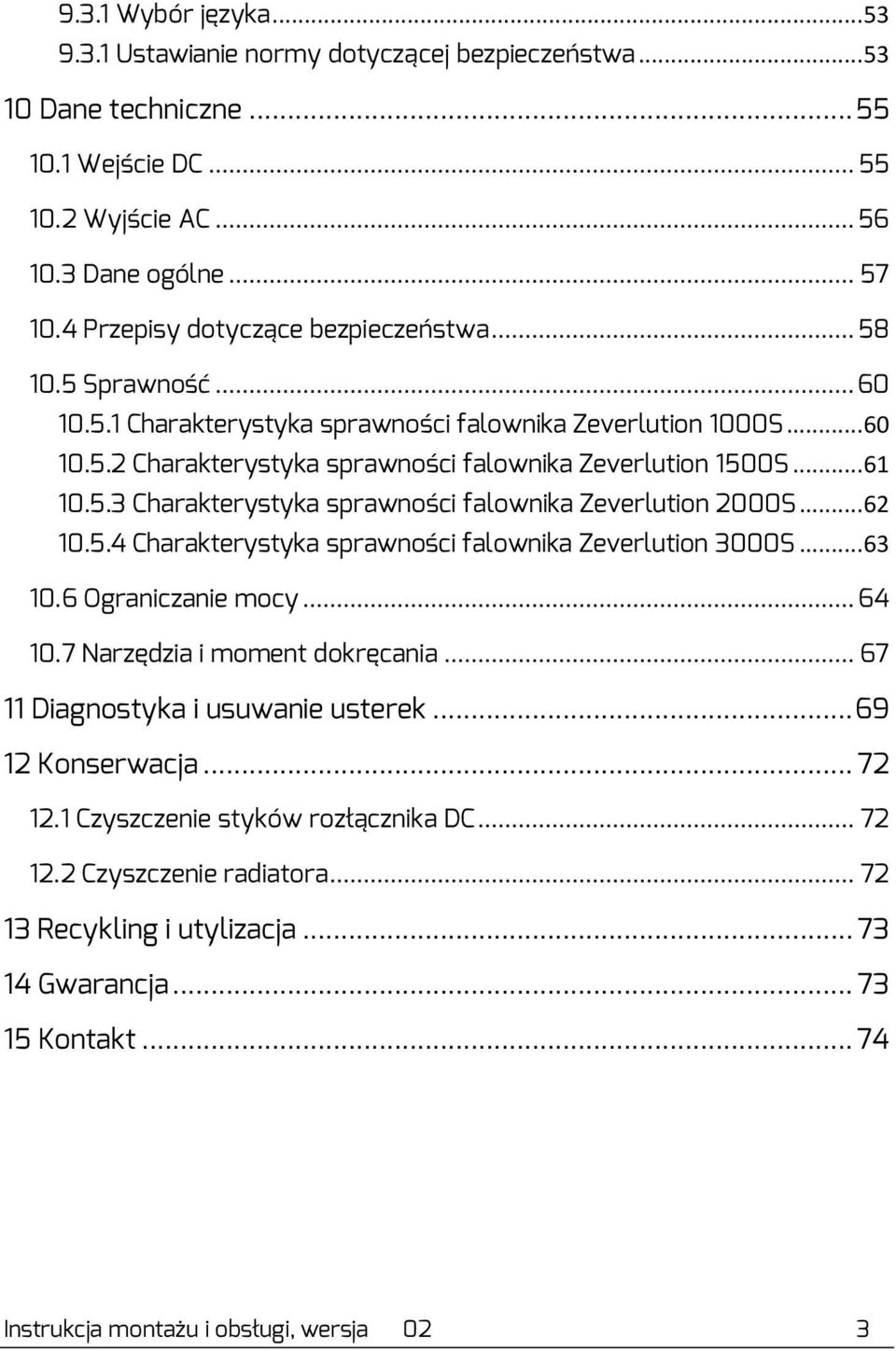 5.3 Charakterystyka sprawności falownika Zeverlution 2000S... 62 10.5.4 Charakterystyka sprawności falownika Zeverlution 3000S... 63 10.6 Ograniczanie mocy... 64 10.7 Narzędzia i moment dokręcania.