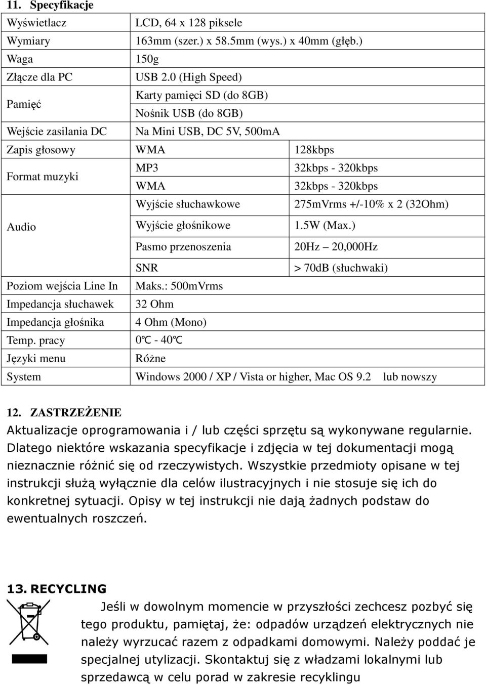 Wyjście słuchawkowe 275mVrms +/-10% x 2 (32Ohm) Audio Wyjście głośnikowe 1.5W (Max.) Pasmo przenoszenia 20Hz 20,000Hz 0 SNR > 70dB (słuchwaki) Poziom wejścia Line In Maks.