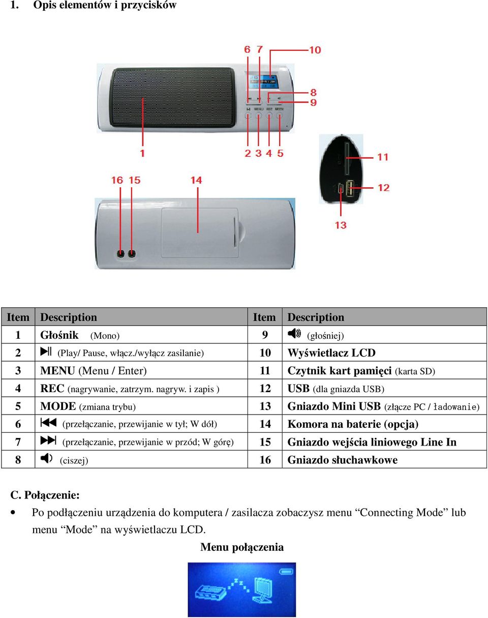 i zapis ) 12 USB (dla gniazda USB) 5 MODE (zmiana trybu) 13 Gniazdo Mini USB (złącze PC / ładowanie) 6 (przełączanie, przewijanie w tył; W dół) 14 Komora na baterie