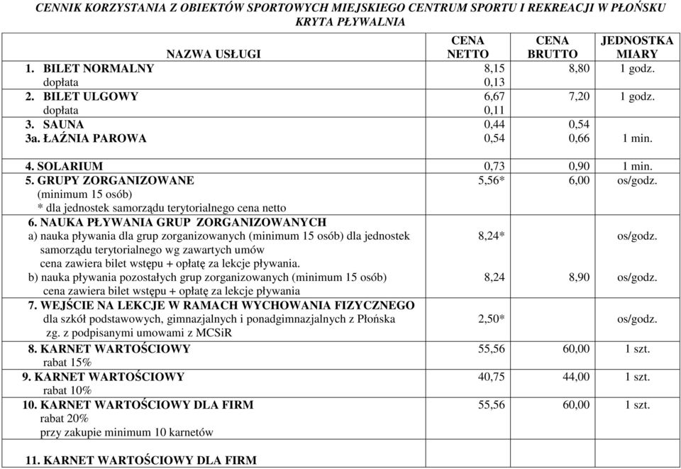 (minimum 15 osób) * dla jednostek samorządu terytorialnego cena netto 6.