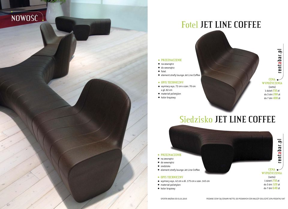 siedzisko element strefy lounge Jet Line Coffee wymiary wys. 42 cm x dł. 175 cm x szer.
