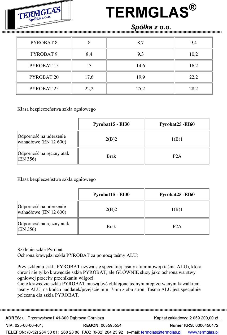 (EN 356) Pyrobat15 - EI30 2(B)2 Brak Pyrobat25 -EI60 1(B)1 P2A Szklenie szkła Pyrobat Ochrona krawędzi szkła PYROBAT za pomocą taśmy ALU: Przy szkleniu szkła PYROBAT używa się specialnej taśmy