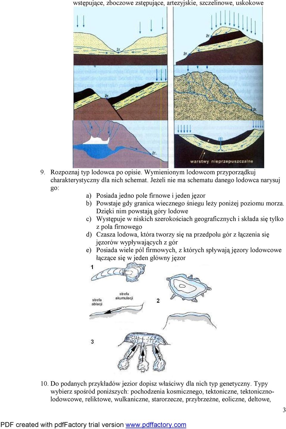 Dzięki nim powstają góry lodowe c) Występuje w niskich szerokościach geograficznych i składa się tylko z pola firnowego d) Czasza lodowa, która tworzy się na przedpolu gór z łączenia się jęzorów