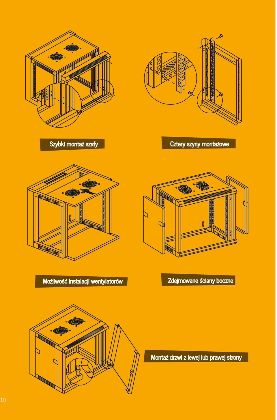 Szybki montaż szafy Cztery szyny montażowe Do szafy można zamontować dedykowane wentylatory w celu zapewnienia chłodzenia urządzeń znajdujących