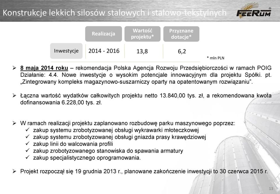 Zintegrowany kompleks magazynowo-suszarniczy oparty na opatentowanym rozwiązaniu. Łączna wartość wydatków całkowitych projektu netto 13.840,00 tys. zł, a rekomendowana kwota dofinansowania 6.
