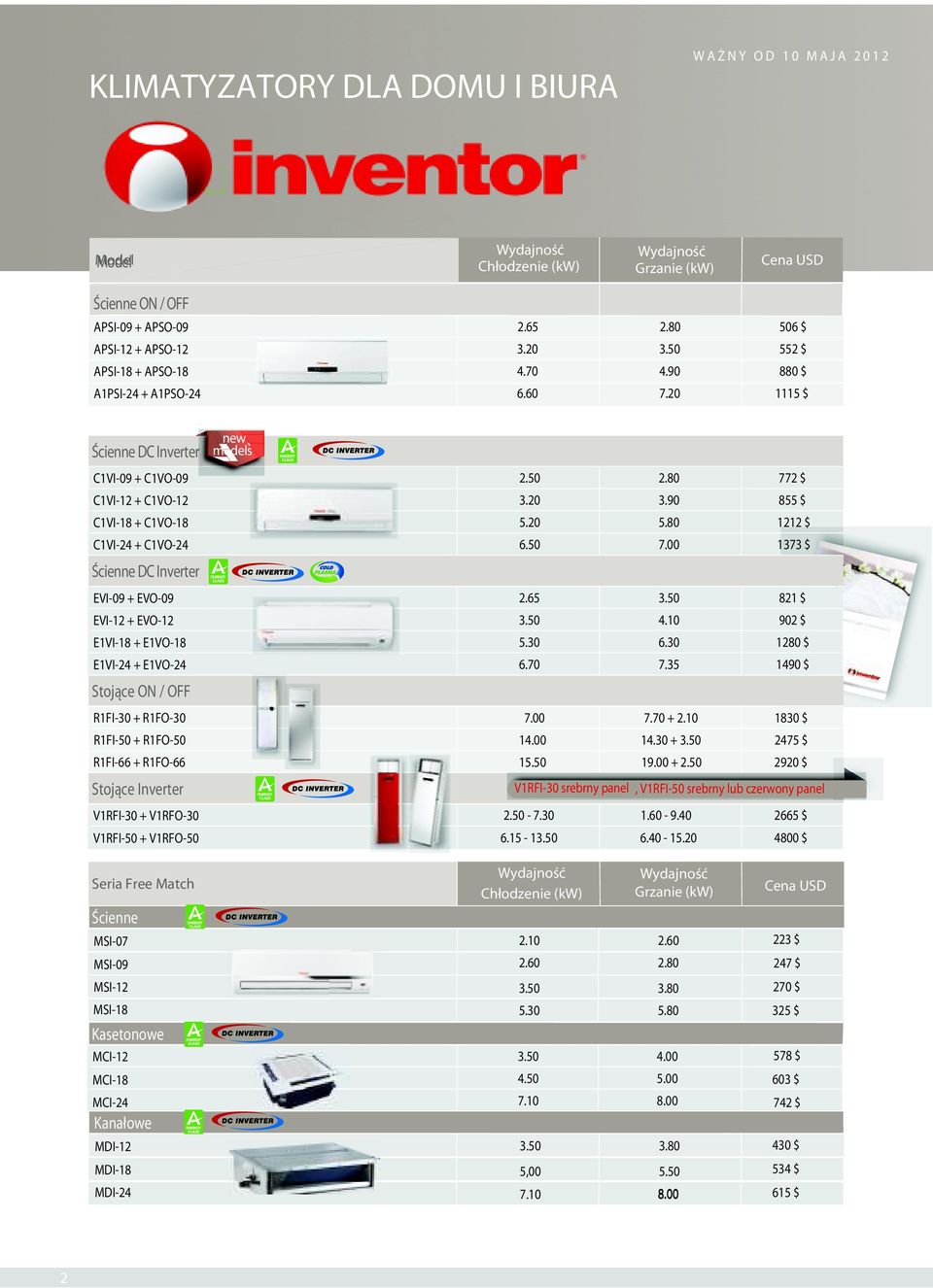 00 1373 $ Ścienne DC Inverter EVI-09 + EVO-09 2.65 3.50 821 $ EVI-12 + EVO-12 3.50 4.10 902 $ E1VI-18 + E1VO-18 5.30 6.30 1280 $ E1VI-24 + E1VO-24 6.70 7.