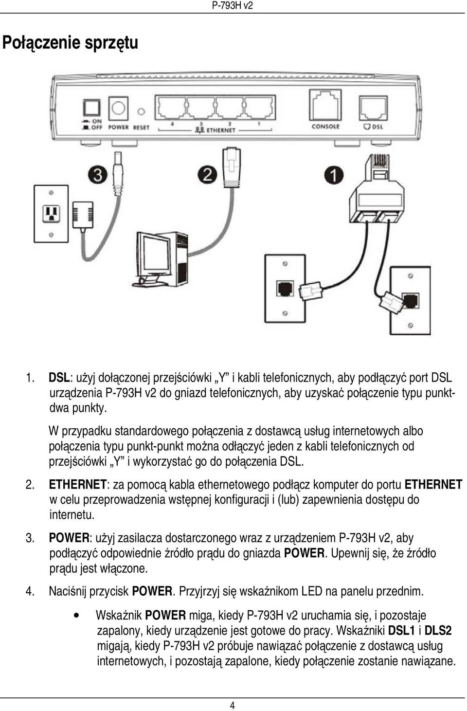 2. ETHERNET: za pomocą kabla ethernetowego podłącz komputer do portu ETHERNET w celu przeprowadzenia wstępnej konfiguracji i (lub) zapewnienia dostępu do internetu. 3.