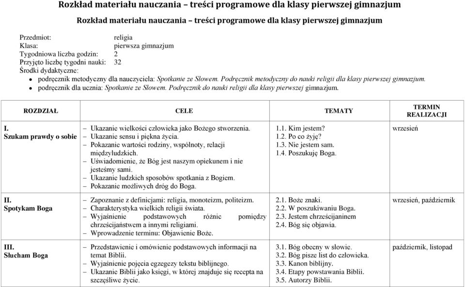 Podręcznik metodyczny do nauki religii dla klasy pierwszej gimnazjum. podręcznik dla ucznia: Spotkanie ze Słowem. Podręcznik do nauki religii dla klasy pierwszej gimnazjum. ROZDZIAŁ CELE TEMATY I.