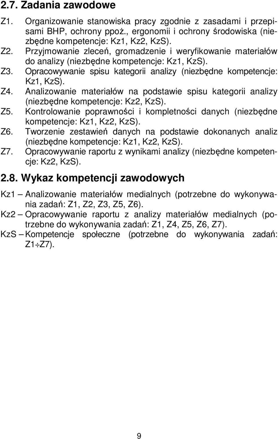 Analizowanie materiałów na podstawie spisu kategorii analizy (niezbędne kompetencje: Kz2, KzS). Z5. Kontrolowanie poprawności i kompletności danych (niezbędne kompetencje: Kz1, Kz2, KzS). Z6.
