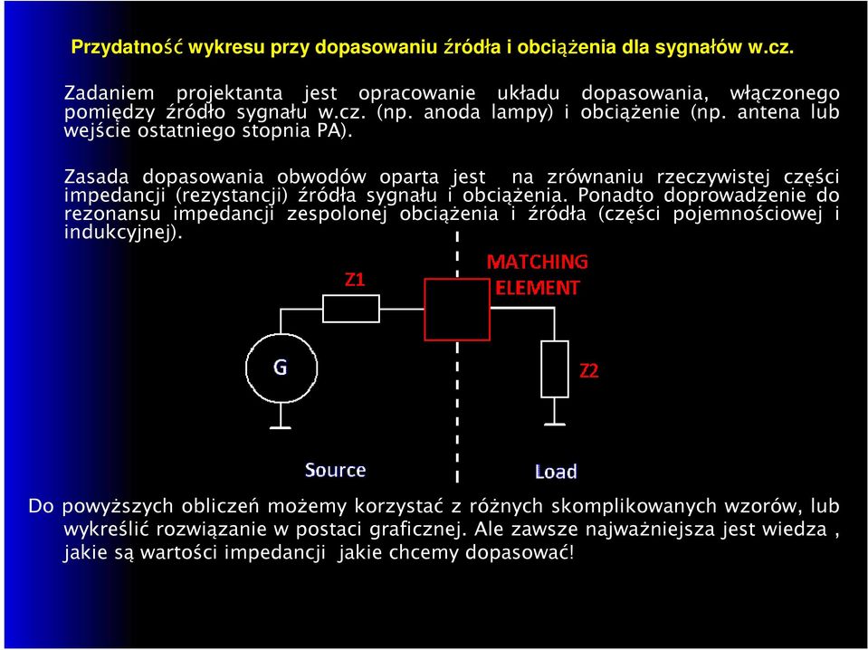 Zasada dopasowania obwodów oparta jest na zrównaniu rzeczywistej części impedancji (rezystancji) źródła sygnału i obciążenia.