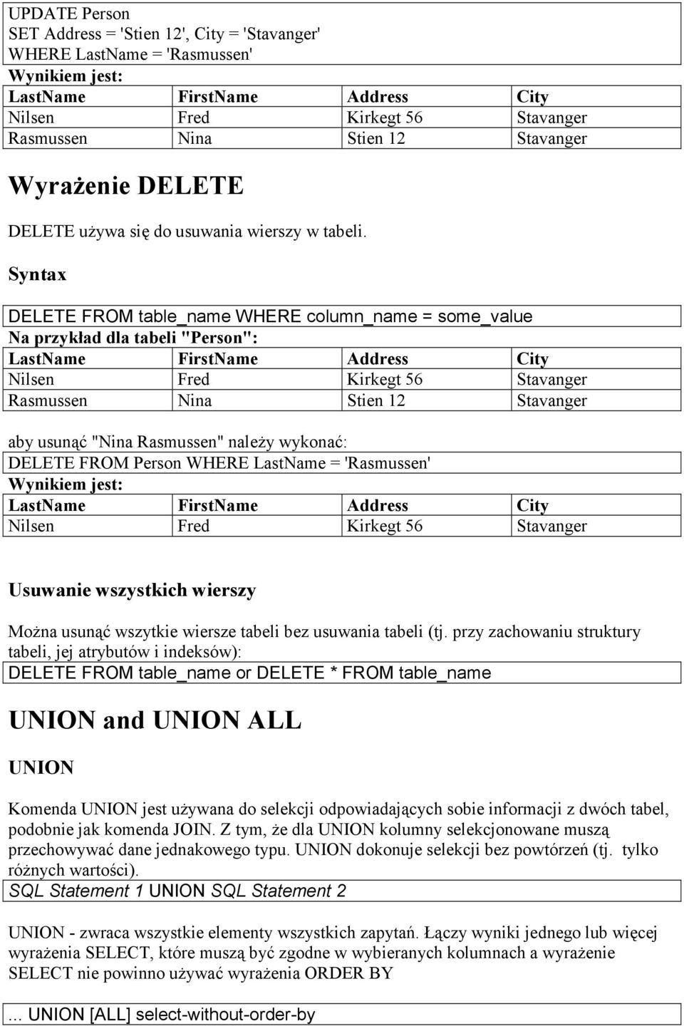 DELETE WHERE column_name = some_value Na przykład dla tabeli "Person": Nilsen Fred Kirkegt 56 Stavanger Rasmussen Nina Stien 12 Stavanger aby usunąć "Nina Rasmussen" naleŝy wykonać: DELETE FROM