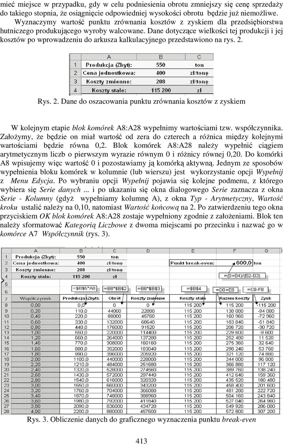 Dane dotyczące wielkości tej produkcji i jej kosztów po wprowadzeniu do arkusza kalkulacyjnego przedstawiono na rys. 2.