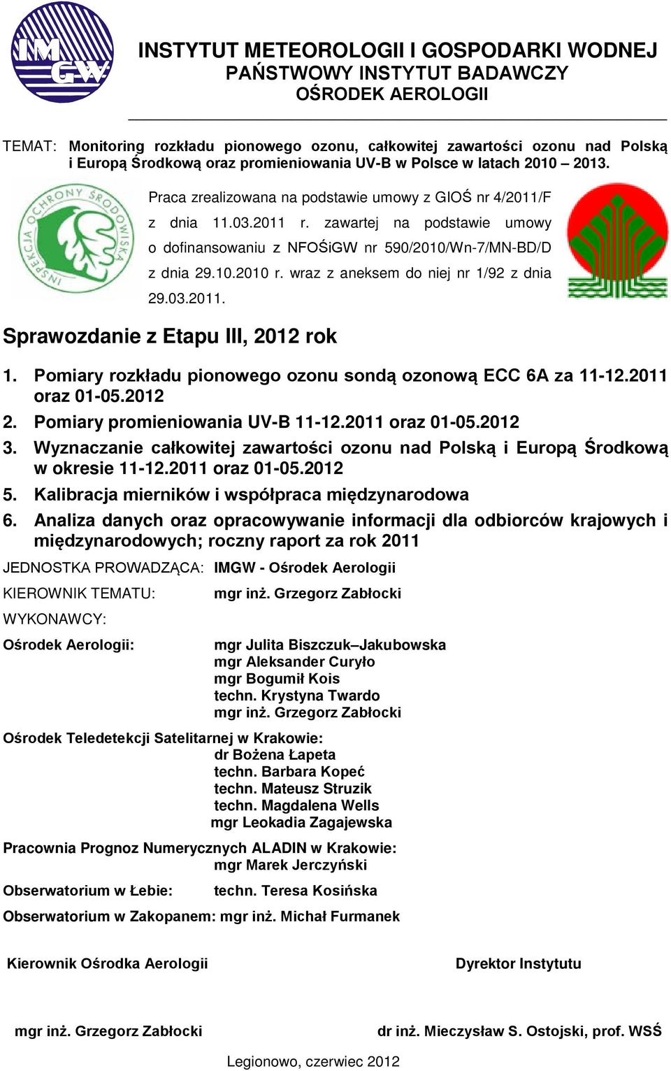 zawartej na podstawie umowy o dofinansowaniu z NFOŚiGW nr 9/21/Wn-7/MN-BD/D z dnia 29.1.21 r. wraz z aneksem do niej nr 1/92 z dnia 29.3.211. Sprawozdanie z Etapu III, 212 rok 1.