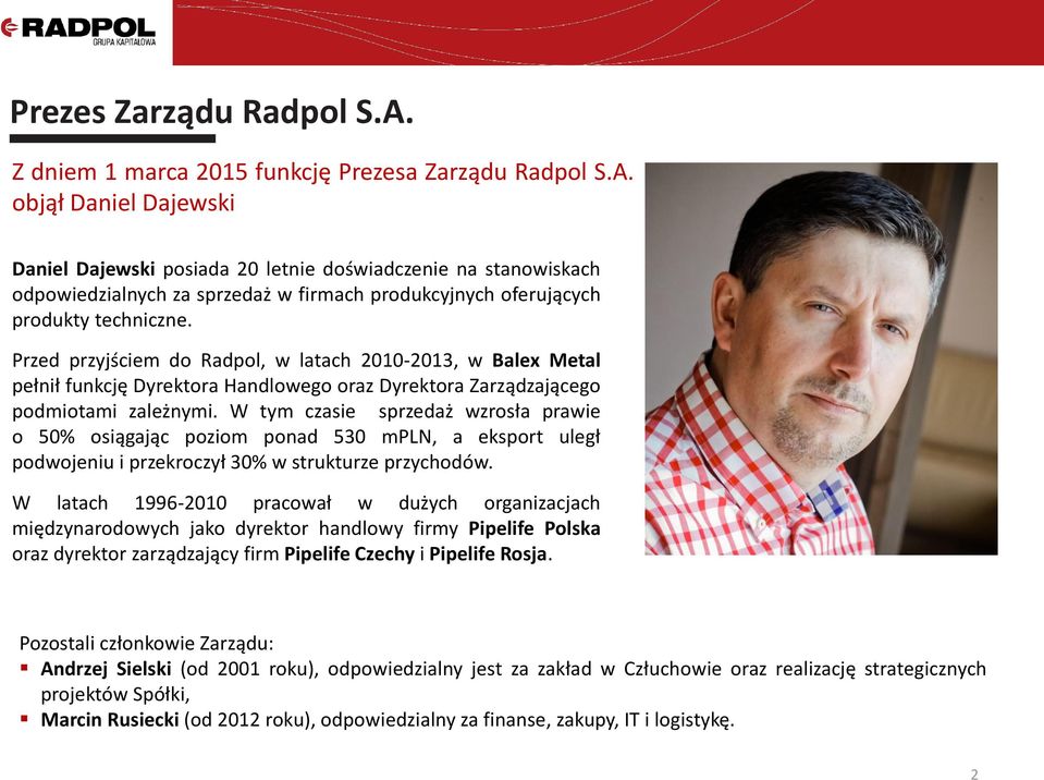 W tym czasie sprzedaż wzrosła prawie o 50% osiągając poziom ponad 530 mpln, a eksport uległ podwojeniu i przekroczył 30% w strukturze przychodów.